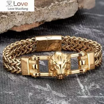 Браслет-цепочка из нержавеющей стали для мужчин, золотой Лев, волк, в стиле панк, магнитный модный браслет, ювелирные изделия, оптовая продажа, подарок другу, аксессуары 23cm