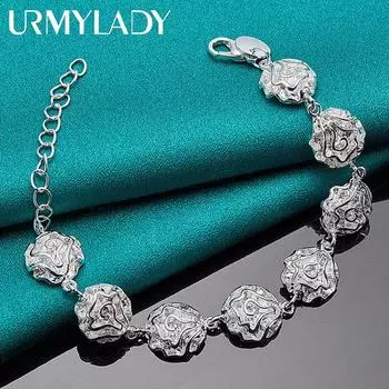 Браслет-цепочка из стерлингового серебра 925 пробы с розами для женщин, модные ювелирные изделия для свадебной вечеринки 20cm