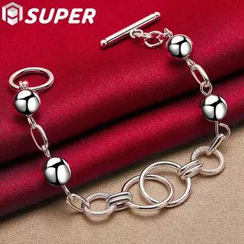 Браслет-цепочка из стерлингового серебра 925 пробы с несколькими кругами и гладкими бусинами, ювелирные изделия 20cm