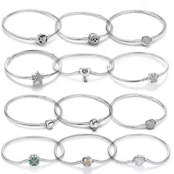 Браслет-цепочка из стерлингового серебра 925 пробы с сердцем и змеей, бесконечный узел, бабочка для женщин, подходят для темперамента, подвески, бусины, ювелирные изделия, подарок 17cm