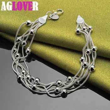 Браслет-цепочка из стерлингового серебра 925 пробы с пятью змеями, гладкий серебряный браслет с бусинами, ювелирные изделия 20cm