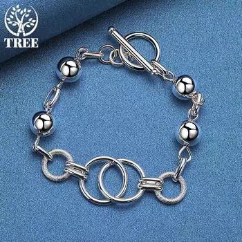 Браслет-цепочка из стерлингового серебра 925 пробы с несколькими кругами и гладкими бусинами, ювелирные изделия 20cm