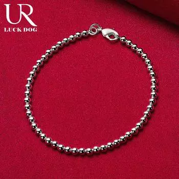 Браслет-цепочка из стерлингового серебра 925 пробы с гладкими бусинами и 4 мм, модные свадебные украшения 20CM