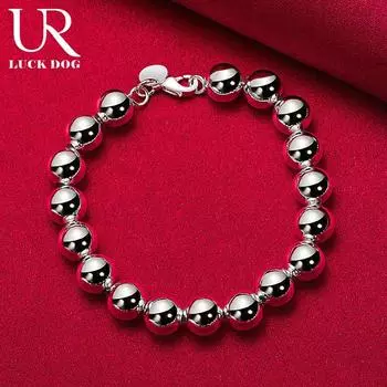 Браслет-цепочка из стерлингового серебра 925 пробы с круглыми бусинами 10 мм, модные свадебные украшения 20CM