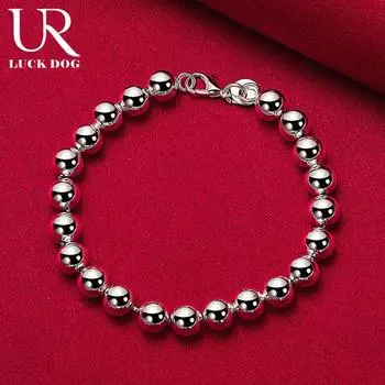 Браслет-цепочка из стерлингового серебра 925 пробы с круглыми бусинами 8 мм, модные свадебные украшения 20CM