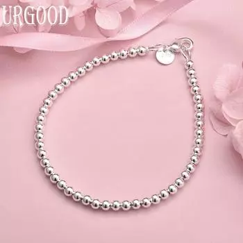 Браслет-цепочка из стерлингового серебра 925 пробы с гладкими бусинами и 4 мм, модные свадебные украшения 20CM