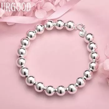 Браслет-цепочка из стерлингового серебра 925 пробы с круглыми бусинами 10 мм, модные свадебные украшения 20CM