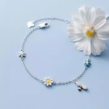 Браслет-цепочка из стерлингового серебра 925 пробы с цветочным цветком и пчелой, женский сладкий простой браслет-цепочка с цирконом золотистый