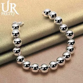 Браслет-цепочка из стерлингового серебра 925 пробы с круглыми бусинами 10 мм, модные свадебные украшения 20CM