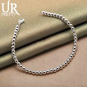 Браслет-цепочка из стерлингового серебра 925 пробы с гладкими бусинами и 4 мм, модные свадебные украшения 20CM