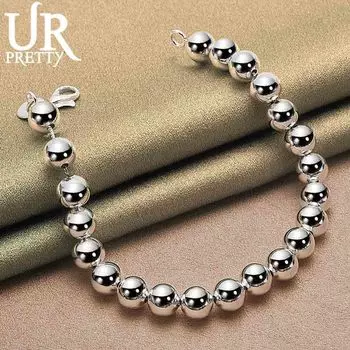 Браслет-цепочка из стерлингового серебра 925 пробы с круглыми бусинами 8 мм, модные свадебные украшения 20CM