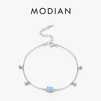 Браслет-цепочка MODIAN с звеньями синего опала, стерлинговое серебро 925 пробы, нежный регулируемый браслет-цепочка с подвеской в форме капли воды, изысканные ювелирные украшения 16+3CM серебряный