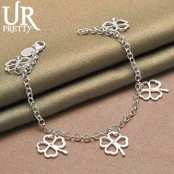 Браслет-цепочка с подвеской в виде цветка клевера из стерлингового серебра 925 пробы, модные свадебные украшения 20CM