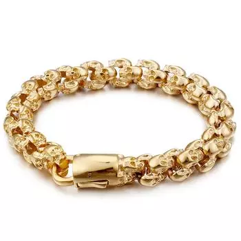 Браслет-цепочка с полным черепом, мужские готические мужские браслеты и браслеты в стиле панк-рок, золотой цвет, байкерские украшения из нержавеющей стали 22.5CM золотой