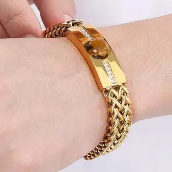 Браслет-цепочка в стиле хип-хоп шириной 12 мм с квадратным плетением Franco, мужской с фианитами и камнем тигровый глаз, роскошные мужские браслеты золотого цвета, которые никогда не выцветают 23CM золотой