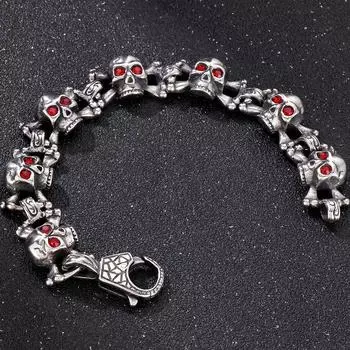 Браслет-цепочка в стиле панк-череп для мужчин с красными глазами из фианита, готический хип-хоп, крутые украшения в виде скелета, длина 20/23 см 20CM серебряный