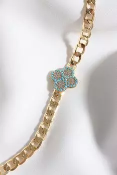 Браслет-цепочка золотого цвета с цирконом и кораллом