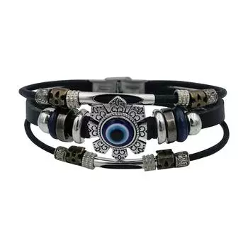 Браслет для женщин, европейская и американская мода, ретро, многослойный кожаный браслет с бусинами, креативные и персонализированные украшения One Size чёрный