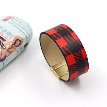 Браслет для женщин, модная бижутерия, рождественская серия, красный клетчатый браслет из искусственной кожи, широкий браслет красный
