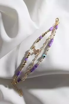 Браслет Fimo из трех частей с подвеской-бабочкой фиолетового цвета из бисера