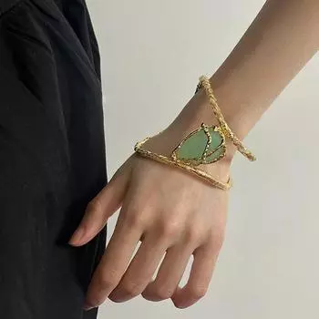 Браслет Girlgo с металлическим вырезом, инкрустацией драгоценными камнями, ретро-индивидуальный браслет с нерегулярной текстурой, легкий роскошный браслет премиум-класса Fluorescent Green золотой