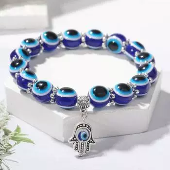 Браслет «Глаз дьявола», мужской и женский простой эластичный браслет из бисера, бусины 8 мм синий
