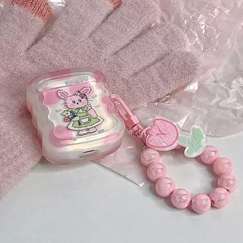 Браслет Happy Flower Tulips с розовым жемчугом и 3d милым кроликом, чехол для наушников для Apple Airpods 1 3 Pro 2 2nd, волнистая противоударная коробка с рисунком For Airpods 3 (2021)