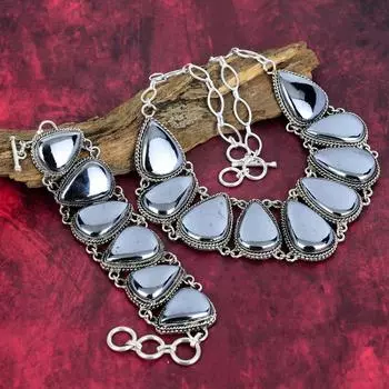 Браслет и ожерелье из твердого серебра 925 пробы с шунгитом, комплект ювелирных изделий из драгоценных камней грушевидной формы, регулируемый комплект ювелирных изделий ручной работы на цепочке для нее Adjustable With 8 -18 серый