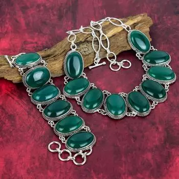 Браслет и ожерелье из зеленого оникса Ювелирные изделия из натуральных драгоценных камней, комплект ювелирных изделий из стерлингового серебра 925 пробы, регулируемые ювелирные изделия-цепочки, удивительные ювелирные изделия ручной работы Adjustable With