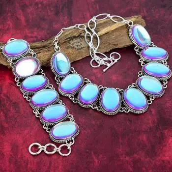 Браслет и ожерелье ручной работы с мистическим опалом, комплект ювелирных изделий из стерлингового серебра 925 пробы, регулируемая цепочка, изящные ювелирные изделия для подарка Adjustable With 8 -18 белый