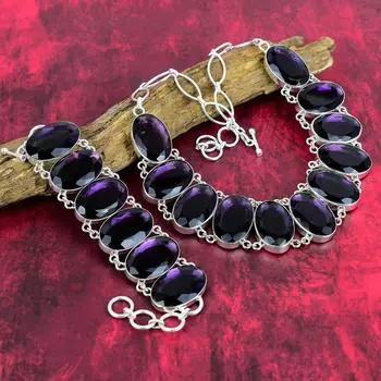 Браслет и ожерелье с граненым аметистом, комплект ювелирных изделий из драгоценных камней, ювелирные изделия из стерлингового серебра 925 пробы, потрясающие украшения ручной работы для подарка на день рождения Adjustable With 8 -18 фиолетовый