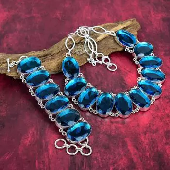 Браслет и ожерелье с граненым синим топазом, комплект ювелирных изделий из стерлингового серебра 925 пробы, красивые украшения из драгоценных камней для нее, комплект украшений с топазом ручной работы для любви Adjustable With 8 -18 синий