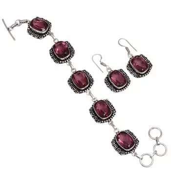 Браслет и серьги из аметистового кварца с драгоценными камнями 7-8 дюймов