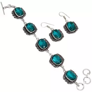 Браслет и серьги из хромдиопсида с драгоценными камнями 7-8 дюймов