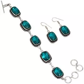 Браслет и серьги из хромдиопсида с драгоценными камнями 7-8 дюймов