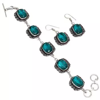 Браслет и серьги из хромдиопсида с драгоценными камнями 7-8 дюймов