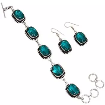 Браслет и серьги из хромдиопсида с драгоценными камнями 7-8 дюймов