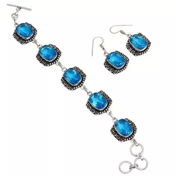 Браслет и серьги из швейцарского синего кварца 7-8 дюймов