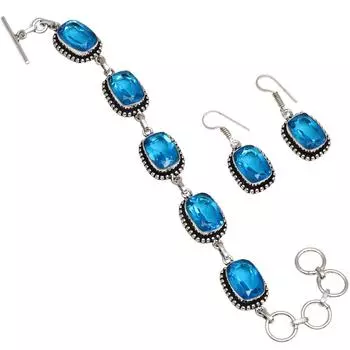 Браслет и серьги из швейцарского синего кварца 7-8 дюймов