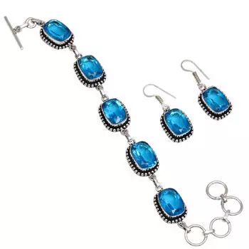 Браслет и серьги из швейцарского синего кварца 7-8 дюймов