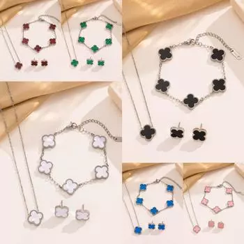 Браслет из 3 предметов с клевером 13 мм, титановая сталь, двусторонний браслет, ожерелье, серьги, комплект белый