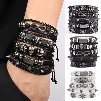 5 шт. Винтажный хип-хоп череп кожаный браслет для мужчин готический панк подростковый уличный ювелирные изделия аксессуары мужской браслет ручной работы чёрный