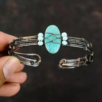 Браслет из амазонита и синего халцедона, медная проволока, обернутые ювелирные изделия, регулируемый браслет-манжета, браслет ручной работы с драгоценными камнями, рождественские подарки