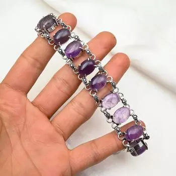 Браслет из аметиста, ювелирные изделия из драгоценных камней ручной работы, браслет из стерлингового серебра 925 пробы, регулируемый браслет-цепочка, подарок для мамы, изящный браслет 8 inches with Adjustable фиолетовый