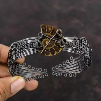 Браслет из аммонитовой окаменелой медной проволоки, браслет-манжета, браслет-манжета, регулируемая манжета, медная проволока ручной работы, ювелирные изделия, браслет из аммонитового ископаемого драгоценного камня