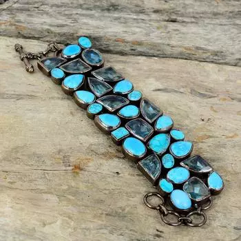 Браслет из бирюзы Аризоны, электроформованный медный браслет, регулируемый браслет-цепочка, швейцарский голубой топаз, драгоценный камень, браслет в стиле бохо, ювелирные изделия для подарка