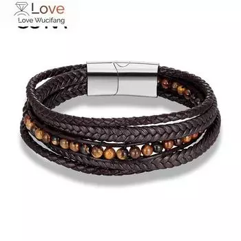 Браслет из бисера, модные мужские украшения, браслет из нержавеющей стали с тигровым глазом и натуральным камнем, магнитная застежка, кожаные браслеты для подарка 23cm