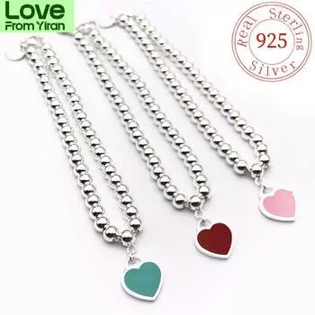 Браслет из бисера Ms Bohemia S925 чистое серебро 4 мм бусины эмаль классический логотип в форме сердца оригинальный браслет Tttiff 21cm