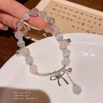 Браслет из бисера с кошачьим глазом в корейском стиле: Элегантный дизайн банта, женская коллекция украшений S608 серебряный