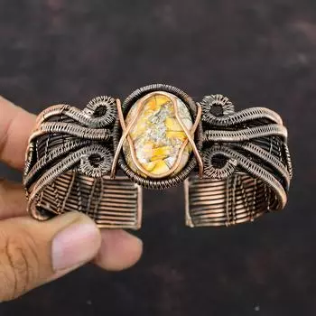 Браслет из брекчиево-мукаита, медная проволока, браслет, регулируемый браслет-манжета, браслет ручной работы с драгоценным камнем, медный дизайнерский ювелирный подарок для него